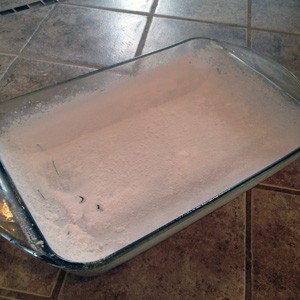 Prepare pan with spray and powdered sugar
